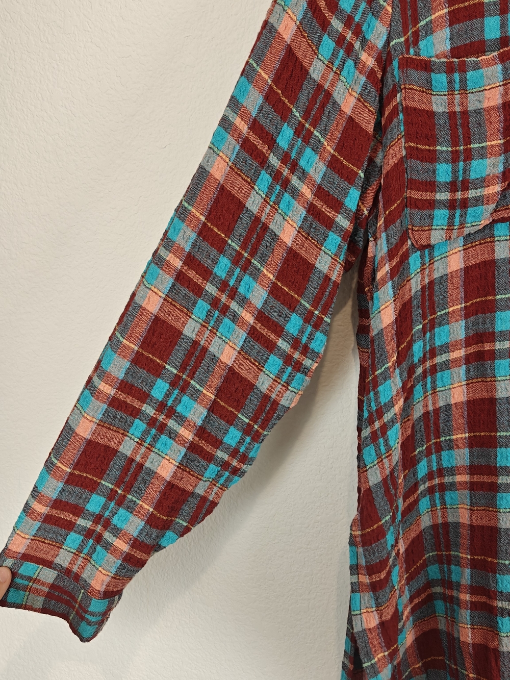 Pilcro Long Plaid Button-Down Shirt Dress in Burgundy and Teal - Picture 10 of 16